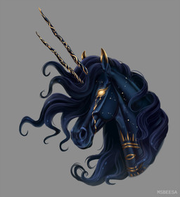 2_horns ambiguous_feral ambiguous_gender fantasy feral fur glowing glowing_eyes hair horn jewelry mane quadruped simple_background solo beesa mythology bicorn equid equine mammal mythological_creature mythological_equine 2023 digital_media_(artwork) hi_res portrait signature