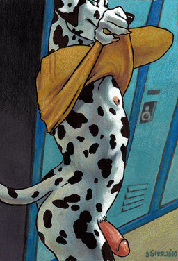 anthro black_body black_fur black_spots bottomless butt clothed clothing clothing_lift fur genitals half-erect humanoid_genitalia humanoid_penis locker locker_room male markings penis shirt shirt_lift solo spots spotted_body spotted_fur tail topwear undressing white_body white_fur ssirrus canid canine canis dalmatian domestic_dog mammal