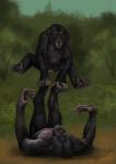 anthro duo feet feral fur hair nude paws prehensile_feet toes mandragora2012 ape bonobo chimpanzee haplorhine mammal pan_(genus) primate 2015 hi_res