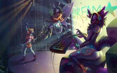 4_arms 4_ears 4_fingers 4_wings 5_fingers antennae_(anatomy) anthro back_wings black_body black_boots black_clothing black_footwear black_fur black_hair black_hands black_sclera black_tail black_visor blue_arms blue_boots blue_clothing blue_footwear blue_legs boots bottomwear breasts clothed clothed_anthro clothed_female clothing concert concert_stage crowd crowd_watching electric_guitar feather_hair feathers female female_anthro fingers fist fist_in_the_air flying footwear fully_clothed fully_clothed_anthro fully_clothed_female fur group guitar guitarist hair jacket keyboard kpop machine medium_breasts multi_arm multi_ear multi_limb multi_wing music musical_instrument musician orange_boots orange_bottomwear orange_clothing orange_footwear orange_jacket orange_shirt orange_shorts orange_topwear plucked_string_instrument protogen_armor protogen_visor pseudo_hair purple_antennae purple_ears purple_eyes purple_fingers purple_inner_ear purple_wings raised_fist raised_hand rock_band shirt shoes shorts singer sitting sitting_on_speaker standing star_eye star_eyes string_instrument tail topwear trio wings yellow_boots yellow_clothing yellow_footwear admiralobster matrix_(davjo) octavia_darkstar_(davjo) rakurai_stormfeather_(davjo) arthropod avian bird insect lepidopteran moth protogen 16:10 2025 absurd_res hi_res widescreen female_(lore)