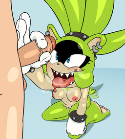 anthro blue_eyes blush bodily_fluids breasts clothing countershade_feet countershading drooling duo ear_piercing ear_ring feet female female_on_human fur genitals gloves green_body green_fur handjob handwear human_on_anthro humanoid_feet humanoid_genitalia humanoid_penis interspecies kneeling male male/female male_on_anthro nipples nude penile penis piercing plantigrade ring_piercing saliva sex sharp_teeth tail tail_motion tailwag teeth tongue tongue_out vein veiny_penis vulva artguyidk idw_publishing sega sonic_the_hedgehog_(comics) sonic_the_hedgehog_(idw) sonic_the_hedgehog_(series) surge_the_tenrec afrosoricid human mammal tenrec 2026 hi_res