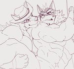 abs anthro blush clothing cowboy_hat duo hat headgear headwear male male/male mask muscular muscular_male pecs superhero istani lifewonders live_a_hero barrel_(live_a_hero) ryekie_(live_a_hero) canid canine canis felid mammal pantherine tiger wolf 2020 hi_res sketch