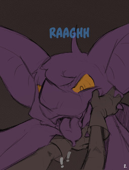 ambiguous_gender duo exclamation_point offscreen_character onomatopoeia purple_body sound_effects struggling text tongue tongue_out yellow_eyes conditional_dnp dacad zipper_(dacad) ambiguous_species bat mammal hi_res