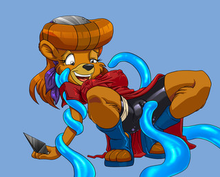 accessory anthro breasts camel_toe clitoris clothed clothing consentacles cosplay costume dagger female genitals headband melee_weapon ninja nipples presenting skimpy solo tentacles warrior weapon kandlin disney naruto talespin rebecca_cunningham sakura_haruno crossover