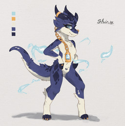 accessory anthro breasts chain claws eyebrows eyeshadow featureless_breasts featureless_crotch female fire fur horn makeup nails navel non-mammal_breasts nude small_breasts solo tail wisps shincabinet furred_kobold furred_scalie kobold scalie hi_res