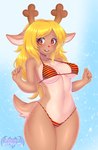 5_fingers anthro antlers bikini blonde_hair blush brown_body brown_eyes brown_fur buckteeth clothed clothing eyelashes female fingers freckles fur hair horn long_hair looking_at_viewer multicolored_body multicolored_fur navel open_mouth pattern_bikini pattern_clothing pattern_swimwear red_nose skimpy smile snow solo standing striped_bikini striped_clothing striped_swimwear stripes swimwear tan_body tan_fur teeth text two-piece_swimsuit two_tone_body two_tone_fur kitsuumi deltarune undertale_(series) noelle_holiday deer mammal new_world_deer reindeer 2021 absurd_res digital_media_(artwork) hi_res portrait three-quarter_portrait watermark