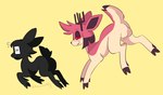 balls black_body black_fur butt chasing duo feral feralized fur genitals looking_at_another male red_body red_fur simple_background smile tan_body tan_fur yellow_background bloowolfy hazbin_hotel alastor_(hazbin_hotel) deer demon mammal 2024 hi_res