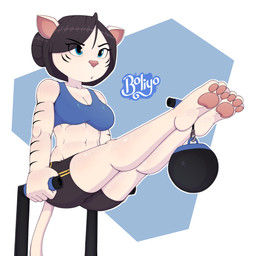anthro athletic barefoot black_hair blue_eyes bodily_fluids bottomwear bra clothing exercise feet female hair pawpads shorts simple_background solo sports_bra striped_body stripes sweat sweatdrop underwear weightlifting white_body workout b0liy0 byuko_(b0liy0) felid mammal pantherine 1:1 absurd_res digital_media_(artwork) hi_res