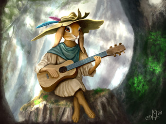 5_fingers acoustic_guitar anthro barefoot biped brown_body brown_eyes brown_fur clothed clothing detailed_background feathers feet female fingers forest fur guitar hat hat_feather headgear headwear holding_musical_instrument holding_object long_ears loose_feather moss musical_instrument nature outside plant playing_music plucked_string_instrument scarf shirt sitting solo string_instrument toes topwear tree tunic whiskers autumnflame lagomorph leporid mammal digital_media_(artwork) hi_res signature
