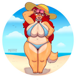 anthro beach big_breasts bikini breasts clothing day eyewear female front_view fur gem hair hand_on_hip hat headgear headwear huge_breasts jewelry long_hair looking_at_viewer mature_female necklace outside pearl_(gem) pearl_necklace red_hair seaside sky slightly_chubby solo sun_hat sunglasses swimwear tan_body tan_fur thick_thighs two-piece_swimsuit voluptuous_anthro voluptuous_female wide_hipped_female wide_hips mossist rosy_(mossist) canid canine canis domestic_dog mammal absurd_res hi_res