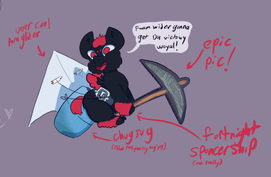ambiguous_feral ambiguous_gender baby_talk black_body black_fur black_hooves dialogue feral fur hair holding_pickaxe hooves markings open_mouth paraglider pickaxe purple_background quadruped red_eyes red_hair red_markings red_tail red_text red_wings simple_background smile solo speech_bubble tail text wings young young_ambiguous young_feral julie_(artist) fluffy_pony fluffy_pony_(species) mammal 2023 digital_media_(artwork) english_description english_text
