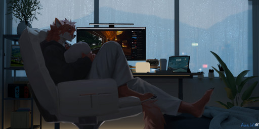 anthro barefoot black_claws black_clothing black_hoodie black_topwear bottomwear claws clothed clothing electronics eyes_closed feet fur hair hoodie inside male male_anthro messy_hair monitor mouth_closed orange_body orange_fur orange_hair pants raining side_view sitting solo toe_claws topwear white_body white_bottomwear white_clothing white_fur white_pants window awaldkize canid canine mammal absurd_res hi_res
