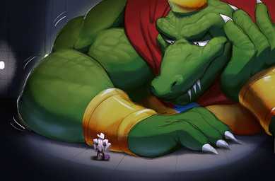 anthro cape claws clothing crown duo extreme_size_difference growth_lines head_on_hand headgear looking_at_another lying machine male male_anthro muscular muscular_anthro muscular_male on_front size_difference teeth_showing croconut veejaybees donkey_kong_(series) nintendo galleom king_k._rool crocodilian reptile robot scalie hi_res