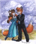 anthro black_tie_(suit) brown_hair canid canine classy clothed clothing cloud detailed_background dingbat dress duo eye_contact female fox fully_clothed hair looking_at_another male mammal necktie outside prom romantic romantic_couple suit tail