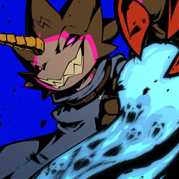 anthro belt black_body black_sclera blue_cape blue_clothing blue_fire cape claws clothing colored_fire fire glowing glowing_eyes horn male sharp_teeth solo teeth toothy_grin ridgeone1 bandai_namco digimon digimon_(species) gulusgammamon 1:1 hi_res