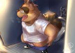 anthro balls barely_visible_balls barely_visible_genitalia bathroom bottomwear bottomwear_down brown_body brown_fur bulge clothed clothing detailed_background fur genitals kemono male pants pants_down partially_clothed shirt slightly_chubby solo topwear underwear underwear_down mesidukainumaru morenatsu kounosuke_(morenatsu) canid canine mammal raccoon_dog tanuki 2024 absurd_res hi_res