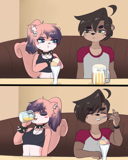 ahoge alternative_fashion anthro beer_mug black_nose blue_eyes breasts brown_hair cleavage clothed clothing collar dessert duo female foam food frown fur green_eyes grey_clothing grey_shirt grey_topwear hair half-closed_eyes ice_cream inside looking_down male midriff narrowed_eyes pink_body pink_fur pink_hair ponytail punk pupils purple_hair red_clothing red_shirt red_topwear shirt spiked_collar spikes topwear white_body white_fur mr-shin shin_(mr-shin) twiggy_(mr-shin) mammal mustelid otter river_otter rodent sciurid tree_squirrel 2025 4:5 comic hi_res meme