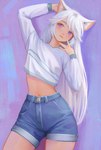 5_fingers blush bottomwear breasts clothing facing_forward female fingers front_view hair midriff purple_background purple_eyes shirt shorts simple_background smile solo topwear white_clothing white_hair white_shirt white_topwear shchrit animal_humanoid cat_humanoid felid felid_humanoid feline feline_humanoid humanoid mammal mammal_humanoid 2023 digital_media_(artwork) hi_res