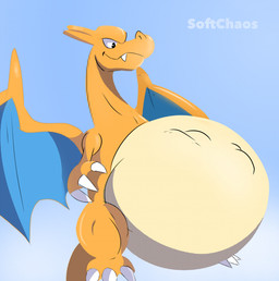 after_vore ambiguous_gender belly big_belly black_eyes blue_wings claws duo feral feral_pred horn orange_arms orange_body orange_horn orange_legs orange_wings simple_background tan_belly vore white_background white_claws wings softchaos nintendo pokemon charizard generation_1_pokemon pokemon_(species) 2025 hi_res watermark
