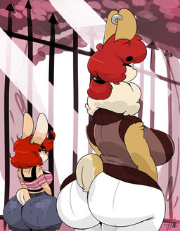 anthro big_breasts big_butt bottomwear breasts bubble_butt butt cleavage clothed clothing denim denim_bottomwear denim_clothing denim_shorts duo ear_piercing eyes_closed female freckles fur hair huge_breasts huge_butt long_hair looking_forward mature_anthro mature_female midriff multicolored_body multicolored_fur neck_tuft piercing ponytail rear_view red_hair shirt shorts side_boob size_difference sweater sweater_vest tan_body tan_fur tank_top thick_thighs topwear tuft two_tone_body two_tone_fur vest white_body white_fur yellow_eyes thehoneybutter vikhop llama_mama_(thehoneybutter) camelid lagomorph leporid llama mammal rabbit 2020 hi_res