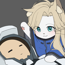 :3 alternate_species anthro blonde_hair blue_clothing blue_eyes cat_smile clothing duo eyes_closed female fur furrification grey_background hair inner_ear_fluff looking_at_another lying machine male on_back pawpads paws pink_pawpads raised_arm simple_background spacesuit tuft white_body white_fur yellow_ears yellow_inner_ear_fluff young young_anthro young_female j_humbo capcom pragmata diana_(pragmata) hugh_williams_(pragmata) android domestic_cat felid feline felis human mammal robot 1:1 2026 hi_res icon