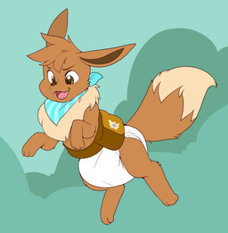 3_toes ambiguous_gender bag blue_kerchief blue_neckerchief brown_body brown_fur brown_inner_ear brown_nose brown_tail clean_diaper clothed clothing diaper dipstick_tail excited fangs feet feral fur head_tuft kerchief markings midair multicolored_body multicolored_fur neckerchief neckwear open_mouth open_smile pattern_kerchief pattern_neckerchief plant satchel shrub simple_background smile solo striped_kerchief striped_neckerchief tail tail_markings tan_body tan_fur tan_tail tan_tail_tip teeth three-quarter_view toes tuft two_tone_body two_tone_fur two_tone_tail waist_accessory wearing_diaper white_diaper bubblepuppers nintendo pokemon pokemon_mystery_dungeon spike_chunsoft bud_(moon_is_baby) fan_character eevee generation_1_pokemon pokemon_(species) absurd_res full-length_portrait hi_res portrait