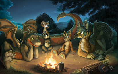 anthro black_body black_fur blue_eyes campfire claws closed_smile featureless_crotch flashlight fur glistening glistening_eyes grass green_eyes grey_body group holding_flashlight holding_object log logo lying male membrane_(anatomy) membranous_wings mouth_closed night nude on_front open_mouth open_smile pink_tongue plant red_body red_wings sitting smile tongue tree white_body white_fur wing_claws wings wood young young_anthro young_male pandapaco mythology parinton avian bear dragon giant_panda gryphon mammal mouse murid murine mythological_avian mythological_creature mythological_scalie rodent scalie artist_logo hi_res signature