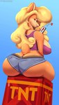 anthro big_breasts blonde_hair breasts butt butt_cleavage cellphone clothed clothing electronics explosives female green_eyes hair holding_object on_explosive phone simple_background sitting smartphone smile solo thick_thighs tnt topwear conditional_dnp nexcoyotlgt activision crash_bandicoot_(series) woah_(meme) crash_bandicoot tawna_bandicoot bandicoot mammal marsupial hi_res