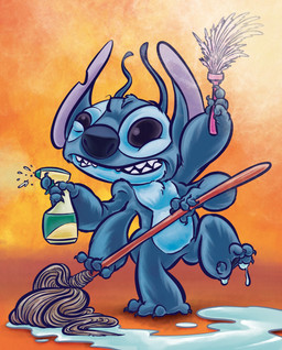 4_arms 4_fingers 4_toes antennae_(anatomy) black_eyes blue_body blue_claws blue_fur blue_nose chest_tuft claws cleaning cleaning_tool clenched_teeth dipstick_antennae feather_duster feet fingers fur head_tuft mop multi_arm multi_limb multicolored_antennae notched_ear on_one_leg orange_background puddle simple_background solo spray_bottle standing teeth textured_background toe_claws toes tuft water jrosenbomb disney lilo_and_stitch stitch_(lilo_and_stitch) alien experiment_(lilo_and_stitch) 2022 hi_res