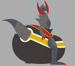 ambiguous_gender big_diaper black_body black_scales black_sclera clean_diaper diaper feral huge_diaper markings pokeball_diaper red_eyes scales solo crybabybluberry nintendo pokemon generation_5_pokemon haxorus pokemon_(species) shiny_pokemon