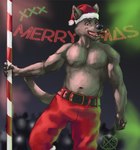 anthro bare_chest cigar cigar_in_mouth clothed clothing costume dancing holidays male muscular muscular_anthro muscular_male neon_sign object_in_mouth pole pole_dancing santa_costume sign solo strip_club stripper_pole topless alphasabre christmas sabre_(sabrethewolf) canid canine canis mammal wolf hi_res