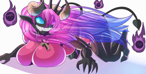 ass_up big_breasts blue_eyes breasts cross female hair huge_breasts nude sharp_teeth solo spade_tail tail teeth translucent translucent_hair bartending_crow demon demon_humanoid humanoid absurd_res hi_res