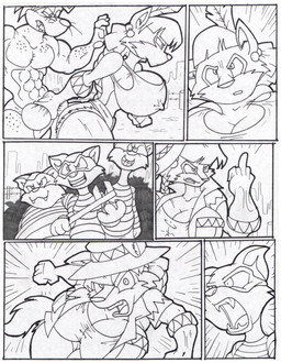 abs anthro attack ball_grab balls barbed_wire big_breasts bottomwear breasts bulge clothing criminal crop_top crotch_grab detailed_bulge diving_mask fangs female fence fur genitals gesture gloves grope group hair hand_gesture handwear hotpants huge_breasts male mask middle_finger muscular muscular_male nipple_outline open_mouth pain pattern_clothing pattern_shirt pattern_topwear plant shirt shorts stick striped_clothing striped_shirt striped_topwear stripes teeth topwear weapon whiskers virus-20 june_coyote travis_seal ambiguous_species aquatic canid canine canis coyote mammal pinniped seal 2013 comic sketch traditional_media_(artwork)