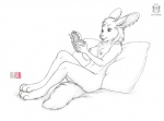 anthro book breasts casual_nudity chest_tuft ear_piercing female fur navel nipples nude pawpads piercing pillow reading solo tail tuft kacey kyree canid canine canis hybrid lagomorph leporid mammal rabbit wolf 2015 monochrome sketch herm_(lore)