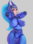 abs areola armor big_breasts blue_hair bodysuit breasts camel_toe clothing eyebrows female freckles glistening glistening_body gloves hair handwear lips looking_at_viewer nipple_outline not_furry pink_eyes simple_background skinsuit smile solo teeth thick_thighs tight_clothing chelodoy dota valve luna_(dota) human humanoid mammal digital_media_(artwork) hi_res