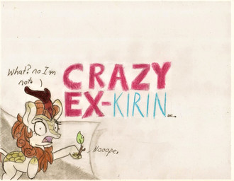 brown_hair chest_tuft cloven_hooves female fur green_body green_fur hair hooves horn leaf open_mouth parody red_horn solo tan_body tuft brogararts crazy_ex-girlfriend friendship_is_magic hasbro my_little_pony autumn_blaze_(mlp) kirin_(mlp) 2018 traditional_media_(artwork)