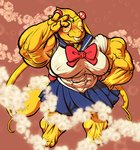 alphys anthro asian_clothing barefoot big_breasts big_muscles blush bottomwear bow_ribbon breasts buckteeth claws clothed clothing cosplay east_asian_clothing eyes_closed eyewear feet female floral_background front_view furry_(artist) gesture glasses hand_gesture hand_on_hip headgear headwear huge_breasts huge_muscles japanese_clothing japanese_school_uniform muscular muscular_anthro muscular_female nipple_outline non-mammal_breasts pose reptile sailor_moon_(character) sailor_moon_(series) scales scalie school_uniform serafuku shirt short_stack simple_background skirt smile solo spines standing tail tail_spines teeth thick_tail tight_clothing tight_shirt tight_topwear topwear undertale undertale_(series) uniform v_sign yellow_body yellow_scales