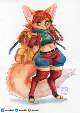 anthro backpack biped bottomwear braided_hair breasts cleavage cleavage_cutout clothed clothing crop_top cutout digitigrade female fur hair legwear looking_at_viewer midriff navel paws red_hair shirt shorts simple_background smile solo standing thigh_highs topwear white_background wide_hips murazaki canid canine fennec_fox fox mammal true_fox absurd_res hi_res painting_(artwork) traditional_media_(artwork) traditional_painting_(artwork) traditional_watercolor_(artwork) watercolor_(artwork)