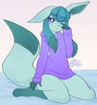 ambiguous_gender anthro biped blue_body bottomless clothed clothing hoodie kneeling looking_at_viewer looking_tired on_bedding one_eye_closed oversized_clothing oversized_hoodie oversized_topwear purple_eyes rubbing_eye solo topwear toxicmilkyx nintendo pokemon krystal_frostbite eeveelution generation_4_pokemon glaceon pokemon_(species)