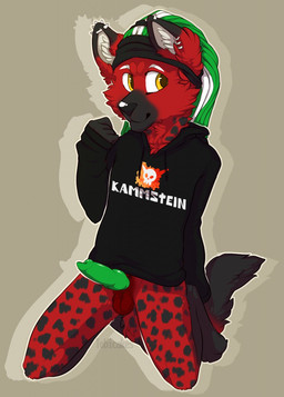 animal_genitalia animal_penis anthro balls biped black_body black_fur bottomless canine_genitalia canine_penis clothed clothing dreadlocks ear_piercing erection fur genitals green_hair green_penis grey_background hair hoodie knot male markings orange_eyes partially_clothed penis piercing red_body red_fur simple_background solo spots spotted_body spotted_fur topwear white_hair tobicakes hyena mammal spotted_hyena digital_media_(artwork) hi_res