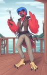 ambiguous_gender anthro beak black_powder_weapon boat bottomwear clothed clothing eye_patch eyewear feathers feet flintlock flintlock_pistol fur gun hair handgun highlights_(coloring) hill holding_object holding_weapon jewelry lock melee_weapon necklace outside pants pirate pistol purple_eyes ranged_weapon red_body red_feathers rope scales sea ship shirt short_sword sky smile smoke solo standing sword talons toes topwear vehicle vest water watercraft weapon winged_arms wings wood miramore eris_bird avian bird 2022 5:8 absurd_res digital_media_(artwork) hi_res signature