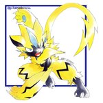 3_toes 4_fingers ambiguous_gender angry anthro bent_legs black_body black_fur blue_eyes claws fangs feet fingers fur open_mouth serious solo tail teeth toes yellow_body yellow_fur pikanodannna nintendo pokemon generation_7_pokemon legendary_pokemon pokemon_(species) zeraora 1:1 2018