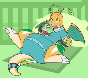 3_fingers 3_toes accessory ambiguous_gender antennae_(anatomy) anthro baby_bottle beverage blue_collar blue_onesie blue_wings blush blush_lines button_(fastener) claws clean_diaper clothed clothing coffee collar crib diaper diaper_under_clothing diaper_under_onesie drinking drinking_coffee feet finger_claws fingers furgonomics green_markings head_horn horn lying markings object_in_mouth on_back on_pillow onesie orange_body orange_tail orange_wings pillow simple_background solo tail tail_accessory tailband toe_claws toes two_tone_wings wearing_diaper white_markings wings wristband yellow_antennae bubblepuppers nintendo pokemon borealis_(whiteknightdragonite) dragonite generation_1_pokemon pokemon_(species) hi_res