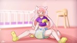 ageplay blush bodily_fluids booties clothed clothing crib diaper female genital_fluids hair high_chair infantilism partially_clothed pink_background pink_hair roleplay simple_background solo spread_legs spreading unclean_diaper urine used_diaper wearing_diaper wet_diaper wetting yellow_eyes sketchmandl ranka_ookami animal_humanoid canid canid_humanoid canine canine_humanoid canis humanoid mammal mammal_humanoid wolf_humanoid hi_res