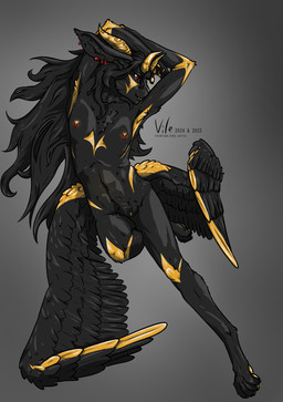 4_horns 4_toes anthro areola armpit_tuft barely_visible_pawpads black_body black_feathers black_fur black_vulva breasts butt_wings cheek_tuft chest_tuft claws ear_piercing facial_tuft fangs feathered_wings feathers feet female finger_claws fingerpads fingers floating front_view fur genitals grey_background hair hands_behind_head hip_wings horn jewelry lips long_ears long_hair looking_aside multi_horn multicolored_eyes navel navel_piercing nipple_piercing nipples nude pawpads paws piercing pupils raised_arms red_eyes red_piercing simple_background slim slit_pupils small_breasts snaggle_tooth solo teeth text toes tuft two_tone_eyes unusual_wing_placement vulva wavy_horn wings yellow_areola yellow_body yellow_eyes yellow_feathers yellow_fur yellow_horn yellow_lips yellow_nipples yellow_nose yellow_vulva corahlope leochne 2024 full-length_portrait hi_res portrait