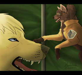 ambiguous_gender brown_body brown_clothing brown_fur brown_shirt brown_topwear clothing feral feralized fur growling light_body light_fur macro macro_feral paws sharp_teeth shirt size_difference smile survey_corps teeth topwear yellow_body yellow_fur ouivon attack_on_titan hange_zoe sawney_(aot) canid canine canis mammal titan_(attack_on_titan) wolf 2014