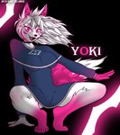 anthro crouching female fluffy hair paws pink_body pink_eyes slim solo tail white_body white_hair pennymouse yoki_j_(yj) hi_res