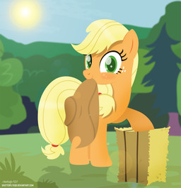 blonde_hair blush clothing cowboy_hat female feral forest freckles grass green_eyes hair hat hay hay_bale headgear headwear looking_at_viewer outside plant quadruped sky solo sun text tree shutterflyeqd friendship_is_magic hasbro my_little_pony applejack_(mlp) earth_pony equid equine horse mammal pony 2017 hi_res url