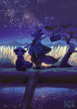 ambiguous_gender anthro basket clothed clothing container duo fully_clothed glowing holding_object mountain night outside plant sky star starry_sky tree water wheat young young_ambiguous young_anthro ovopack canid canine fox mammal 2015 hi_res signature
