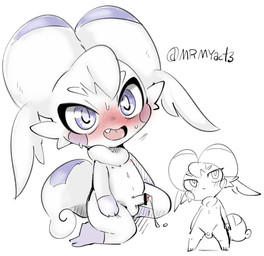 anthro balls blush bodily_fluids cum cum_drip cum_on_ground cum_on_penis cum_string dripping erection fur genital_fluids genitals kneeling looking_at_viewer male nipples penis smile solo text white_body white_fur young young_anthro doneru mammal